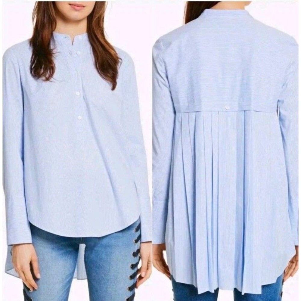 Veronica Beard Greer Stretch Cotton Blue White Striped Blouse Long Sleeve Sz 12